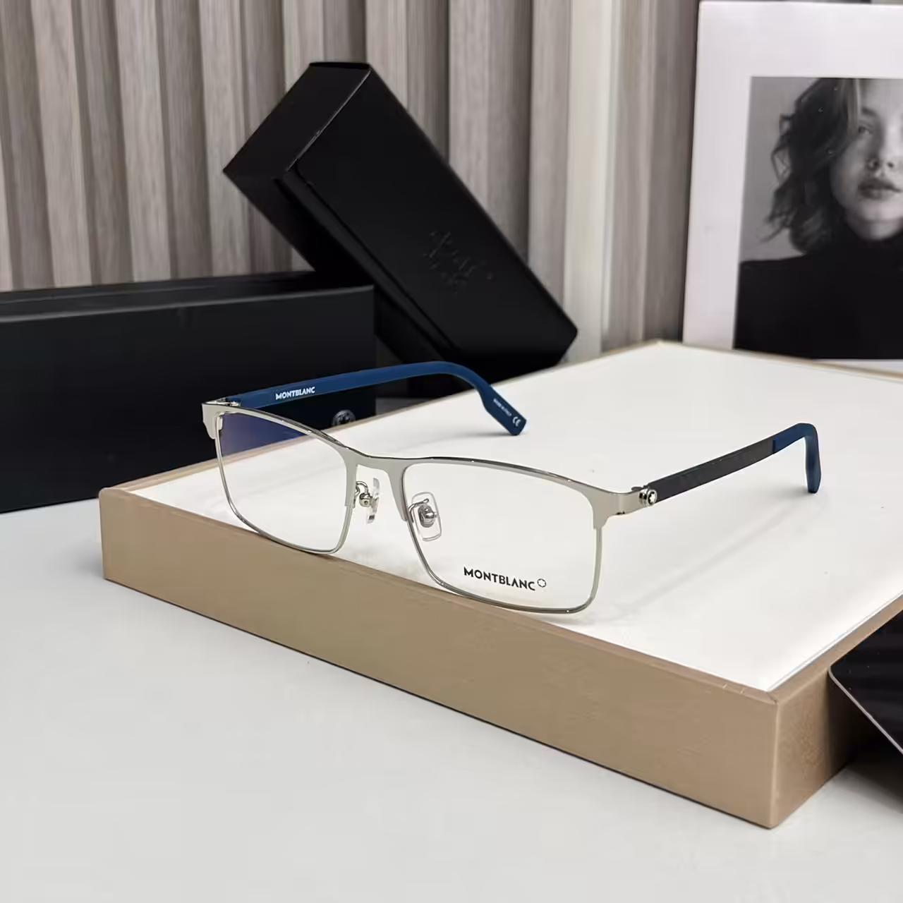 Montblanc Rectangular Blue Silver Unisex Premium Eyeglass