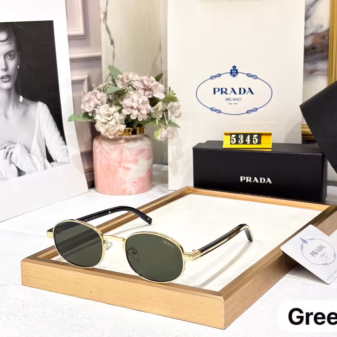 Prada Round Green Tint Unisex Sunglass