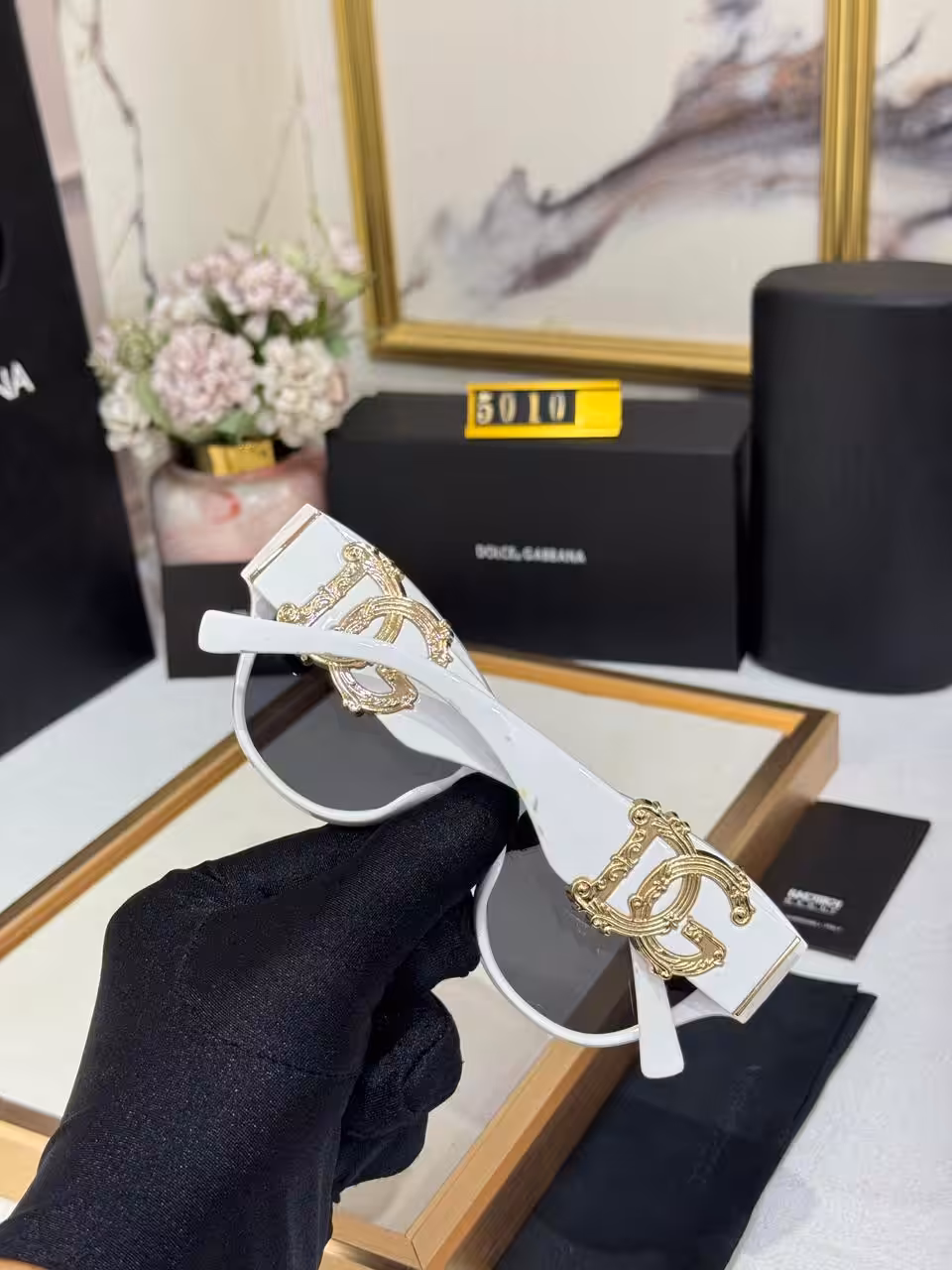 Dolce & Gabbana Cat-Eye Sunglasses White Frame with Gold DG Logo