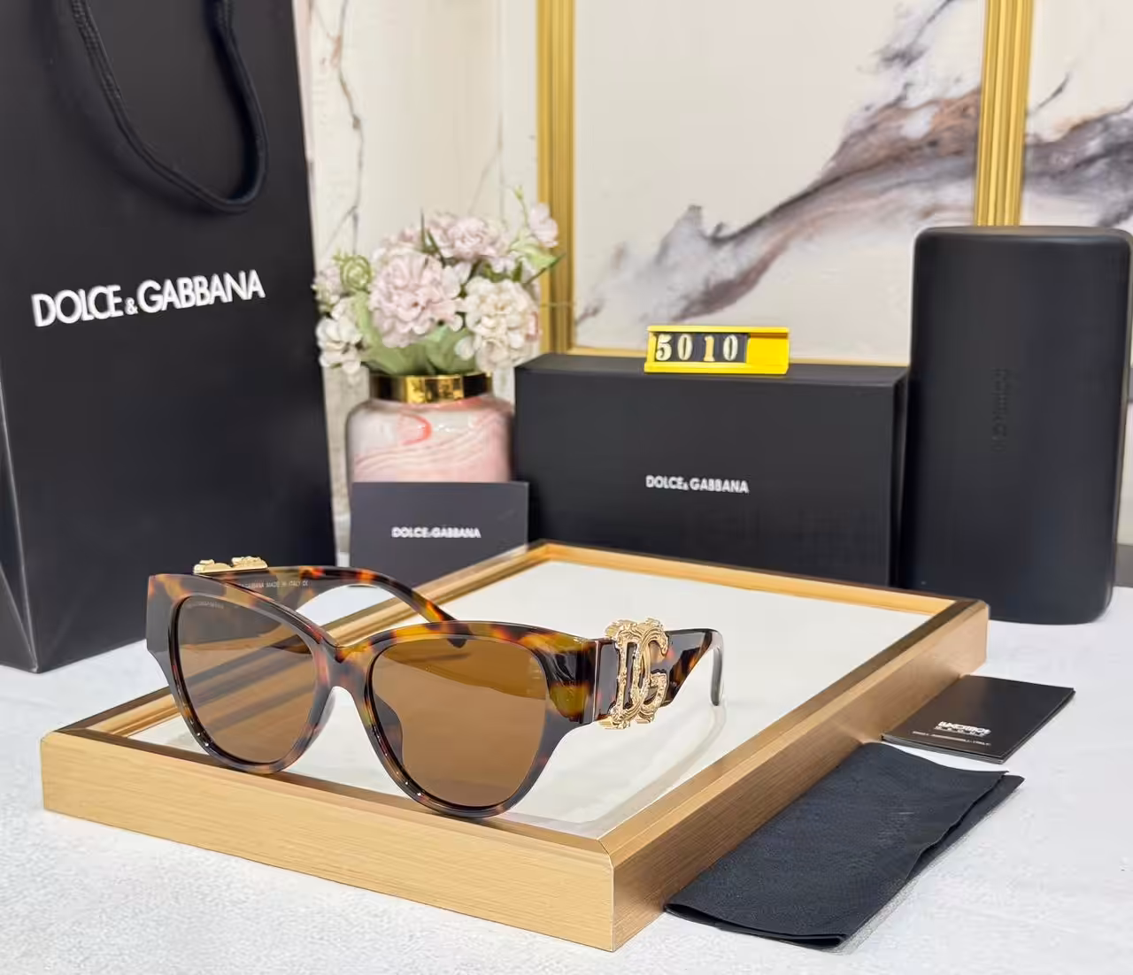 Dolce & Gabbana Cat-Eye Sunglasses Tortoiseshell Brown Frame with Gold DG Logo