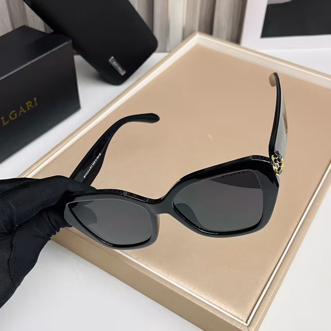 WhatsApp Image 2025-11-12 at 6.28.11 PM (1) Bvlgari Cat-Eye Sunglasses Classic Black Frame with Gold Serpenti Accent