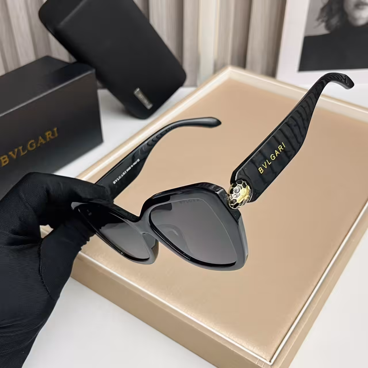 WhatsApp Image 2025-11-12 at 6.28.12 PM Bvlgari Cat-Eye Sunglasses Classic Black Frame with Gold Serpenti Accent