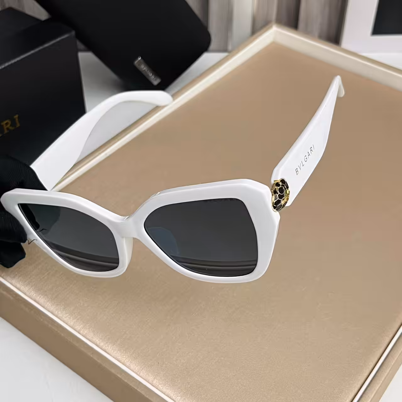 Bvlgari Cat-Eye Sunglasses White Frame with Gold Serpenti Accent