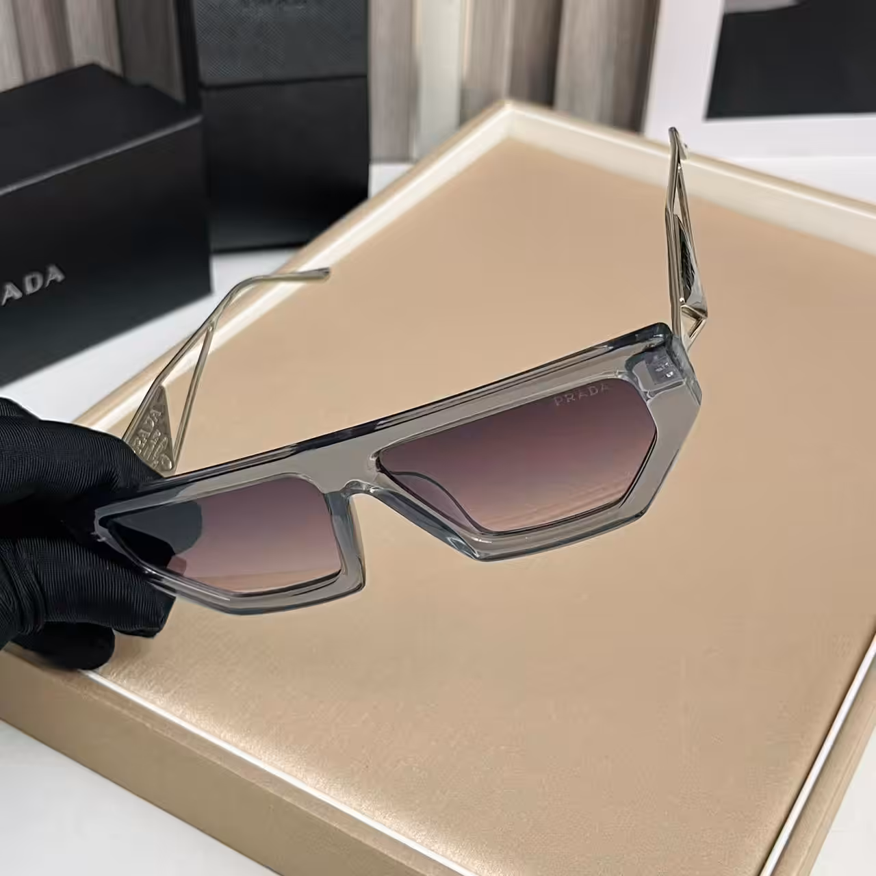Prada Geometric Square Sunglasses Silver Frame with Iconic Logo Detailing