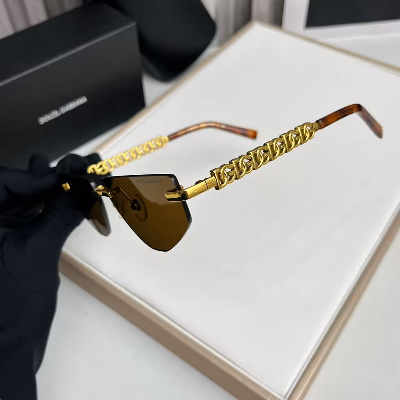 Dolce & Gabbana Premium Gold Chain Brown Rimless Sunglasses
