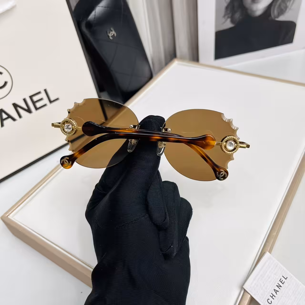 Chanel Brown Scalloped Rimless Sunglasses