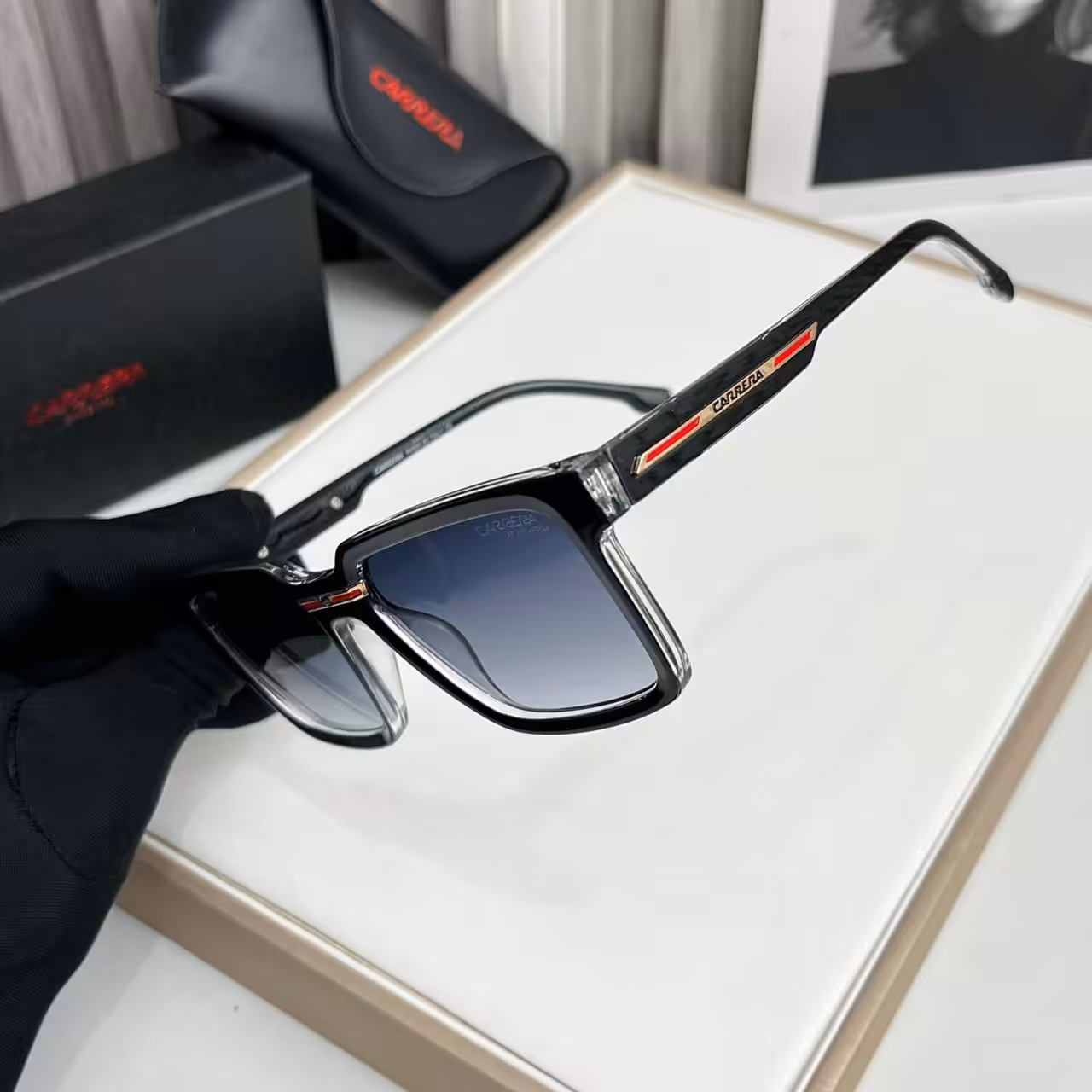 Carrera Black Red-Stripe Gradient Square Sunglasses