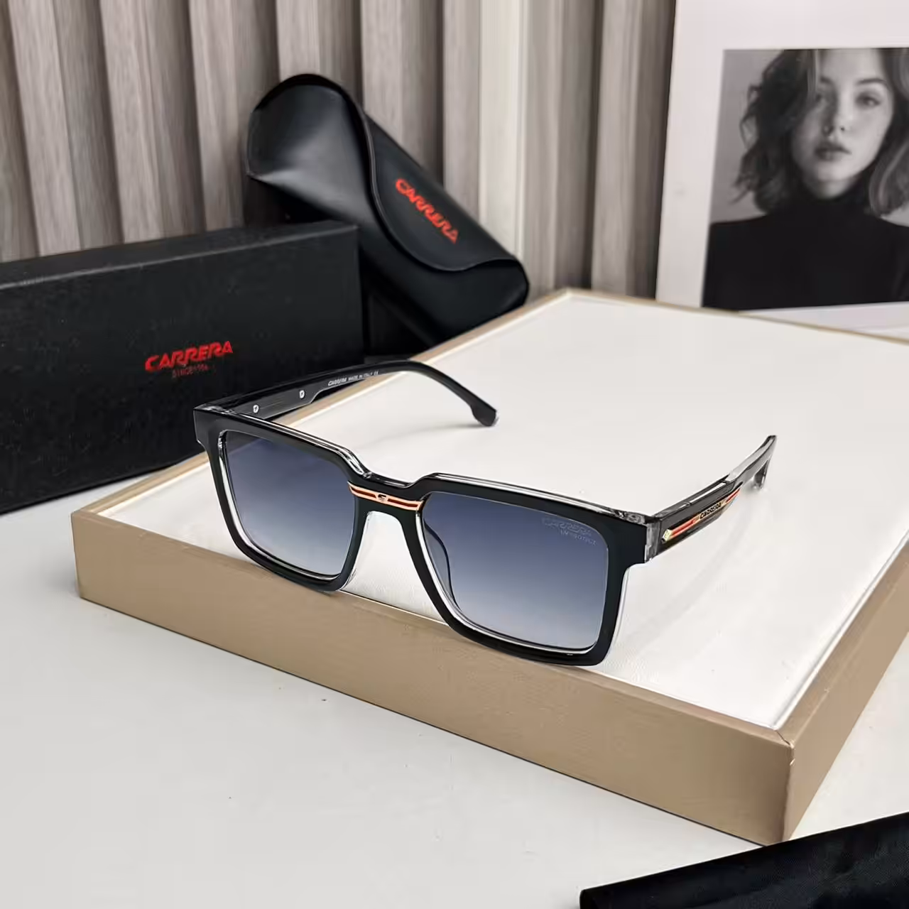 Carrera Black Red-Stripe Gradient Square Sunglasses