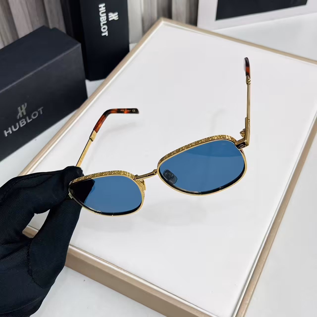 Hublot Gold Engraved  Blue Oval Sunglasses