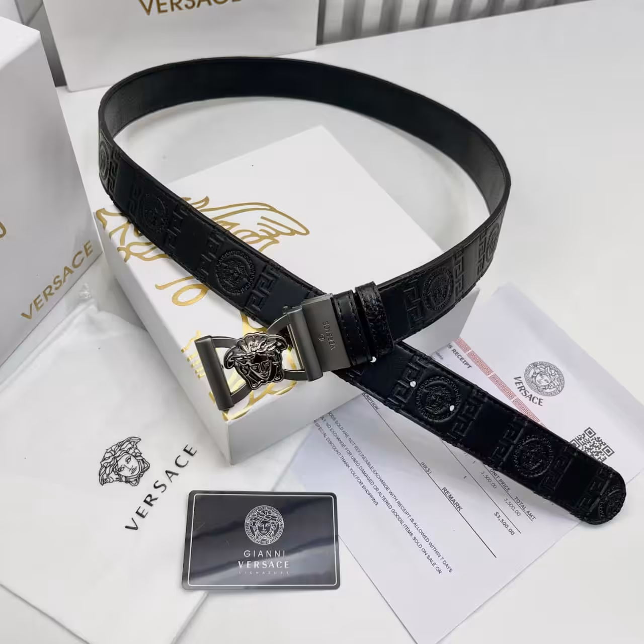 Versace Black Embossed Medusa Buckle Men's Belt