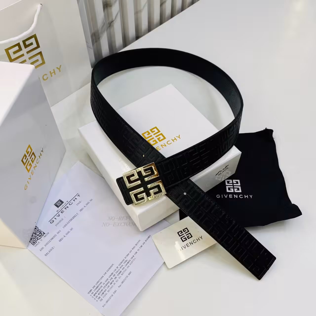 Givenchy Black Embossed Gold Logo Men's Belt