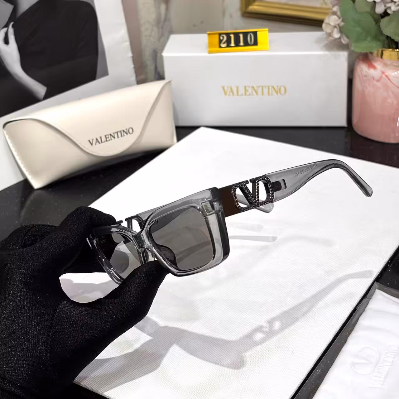 Valentino Grey Crystal Rectangular Shades