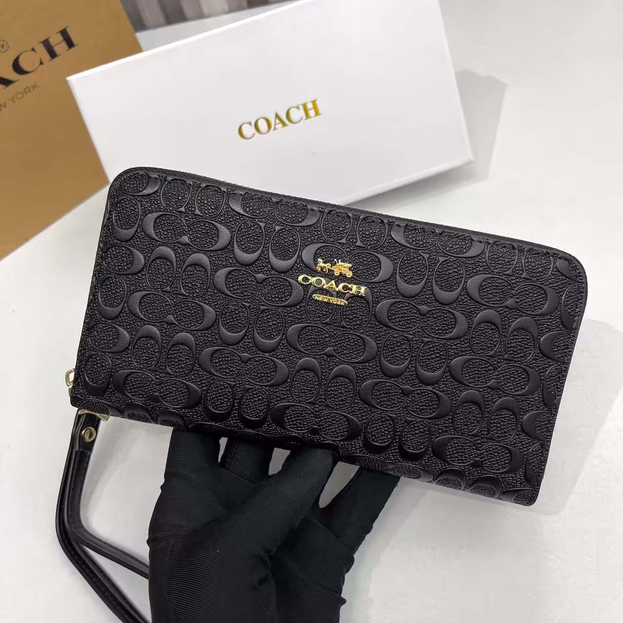 Coach Black Embossed Long Zipper Wallet
