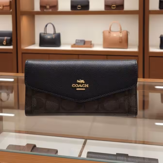 Coach Coffee Black 3 Fold Envelop Signature Wallet