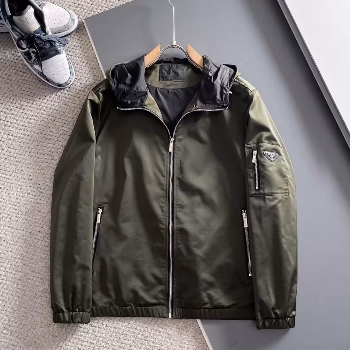 Prada Forest Green Bomber Hooded Wind Cheater Jacket