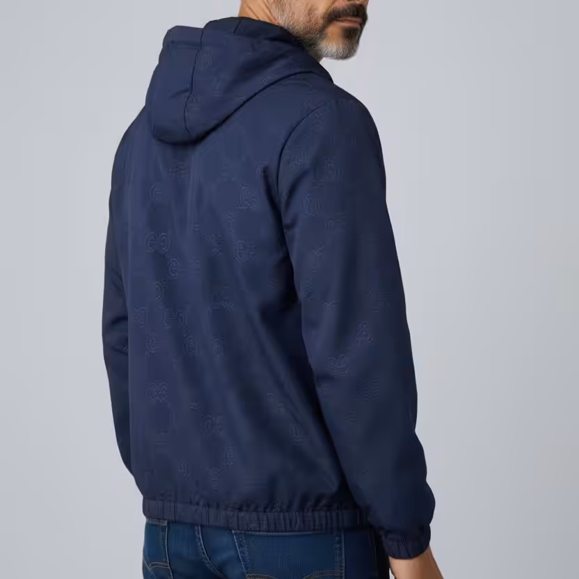 Gucci GG Embossed Blue Hooded Wind Cheater Jacket