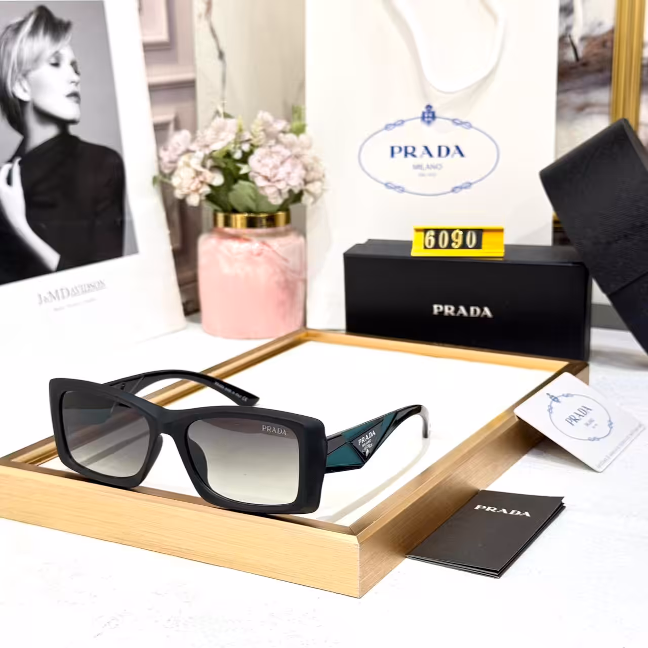 Prada Black and Green Square Unisex Sunglass