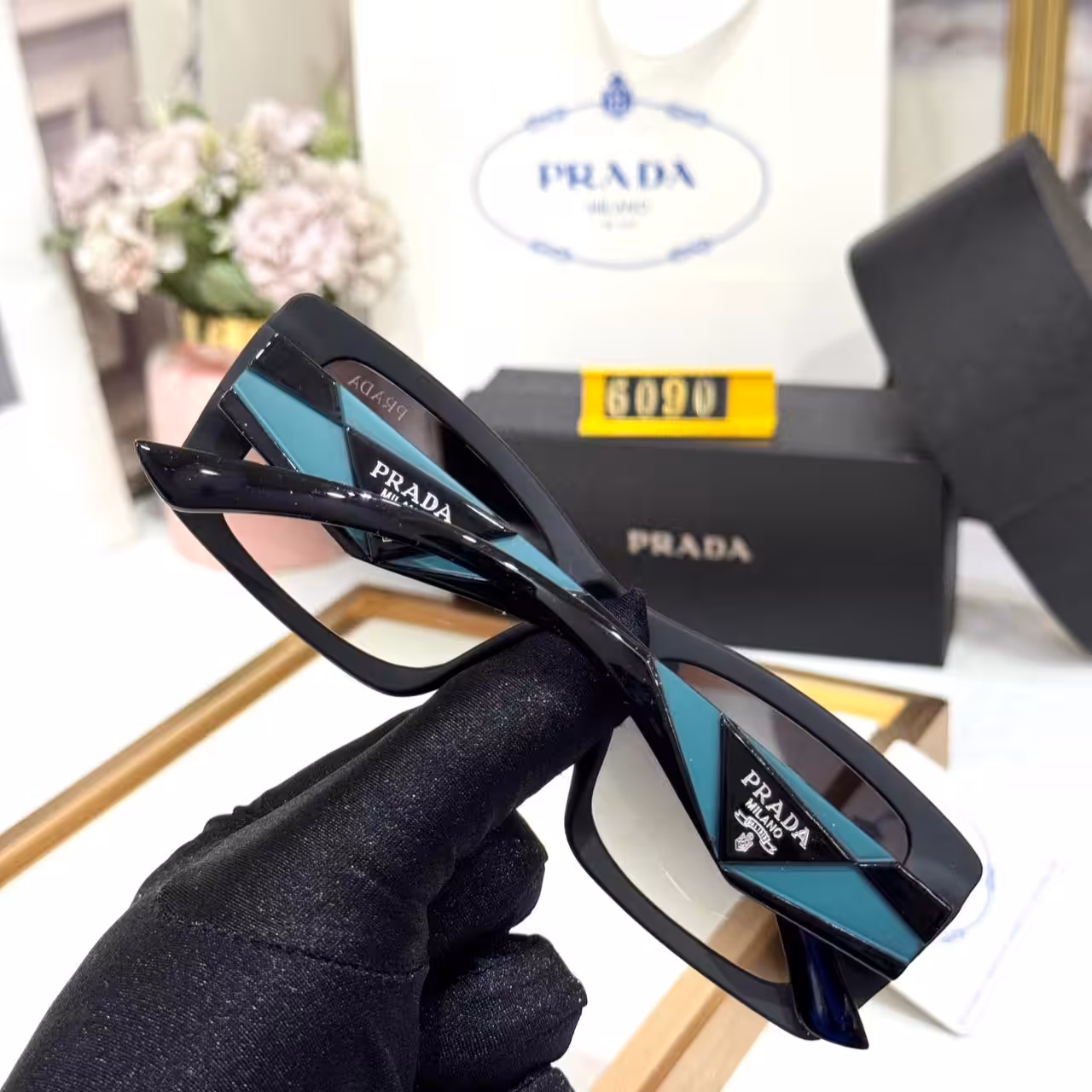 Prada Black and Green Square Unisex Sunglass