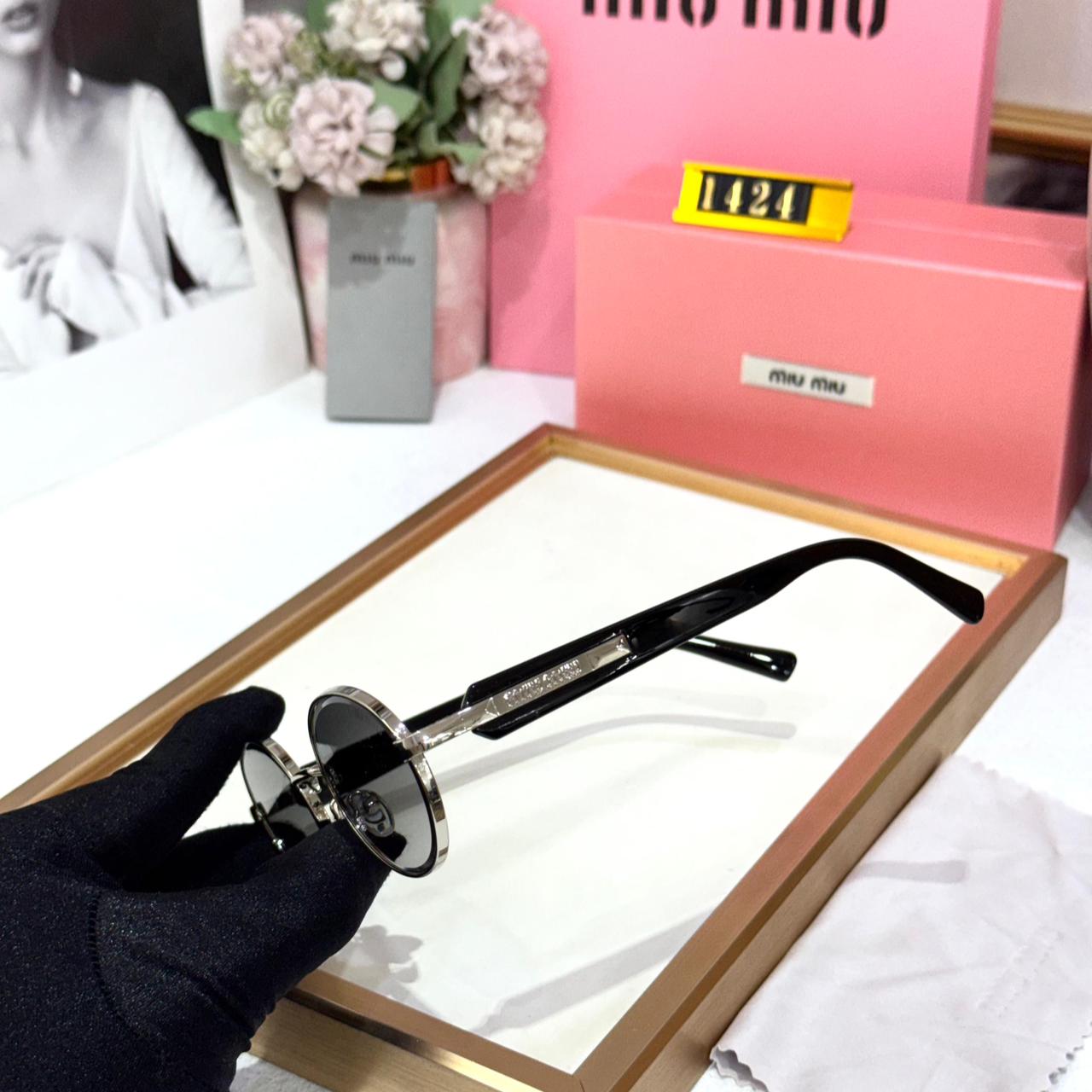 Miu Miu Silver Round Black Sunglasses for Women