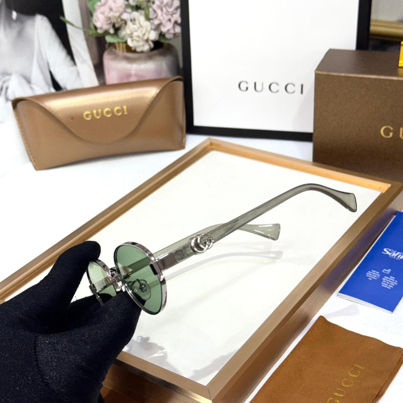 Gucci Silver Green Oval Unisex Sunglasses