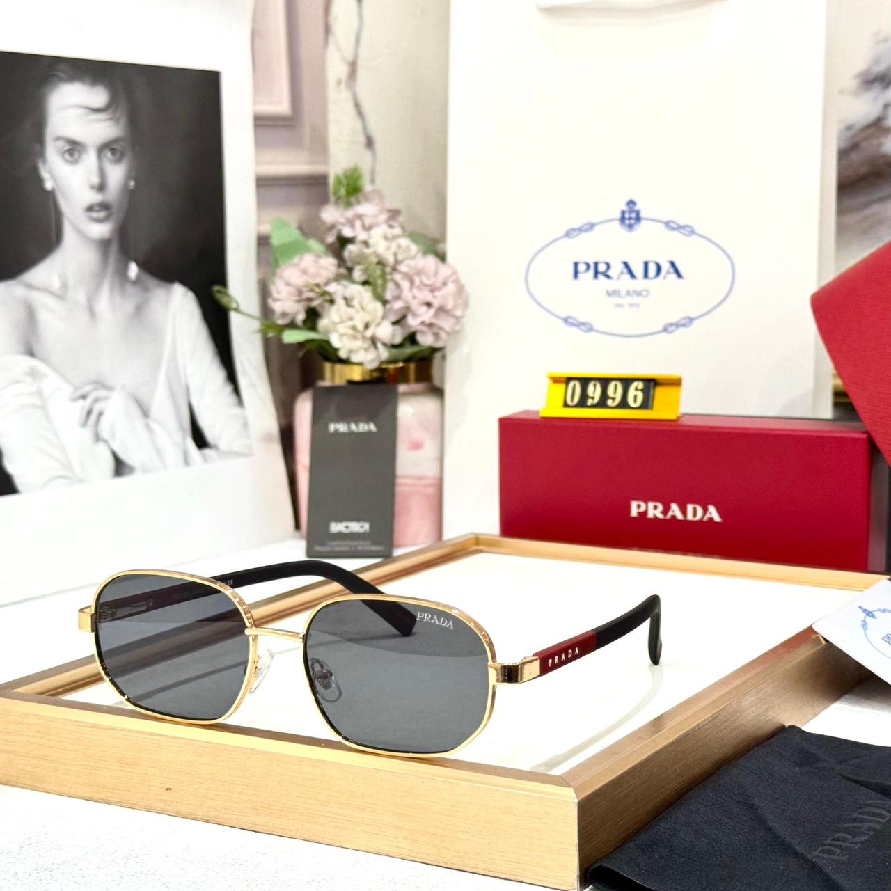 Prada Black Gold Square Unisex Sunglasses