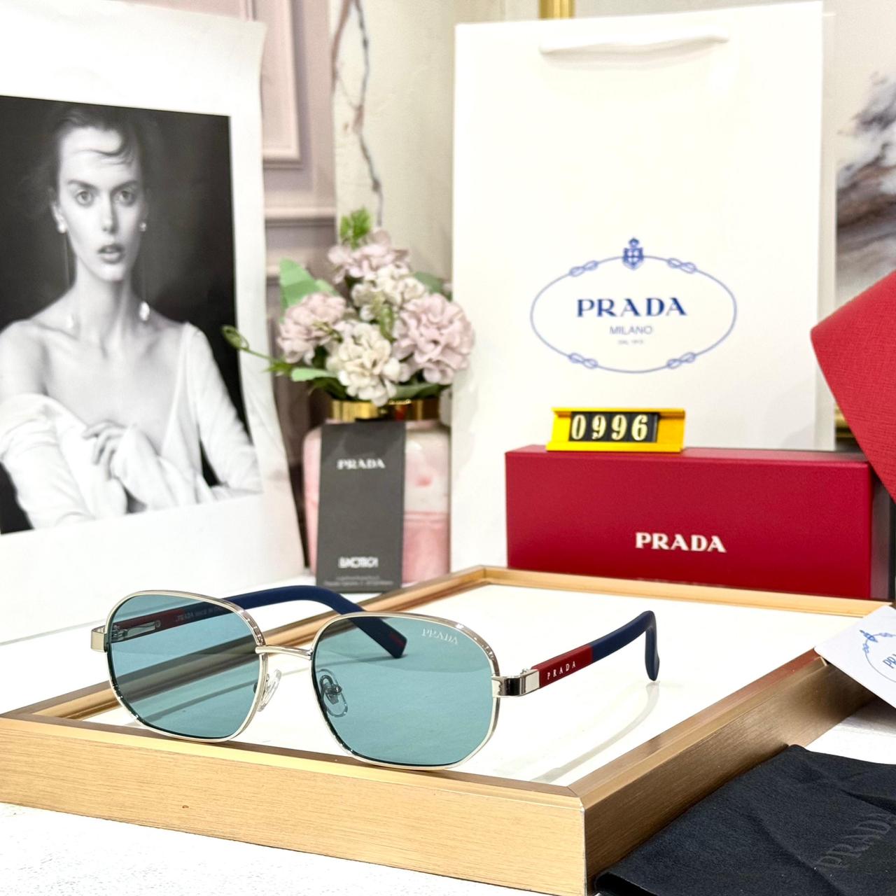 Prada Silver Blue Square Unisex Sunglasses