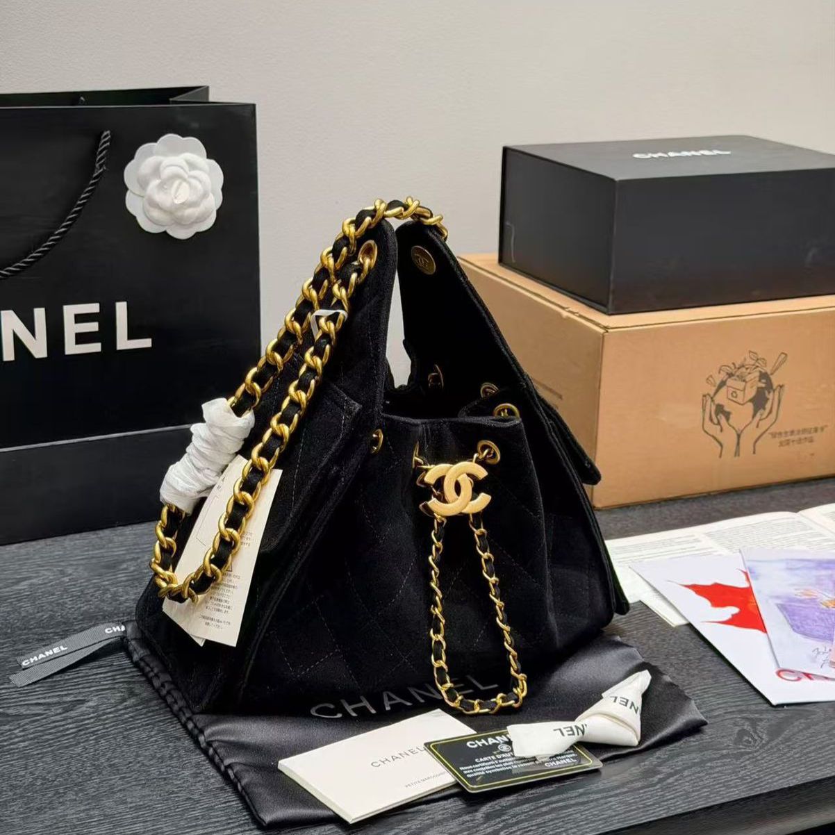 Chanel Iconic 25s Black Color Sued Premium Hobo Bag (With Box)