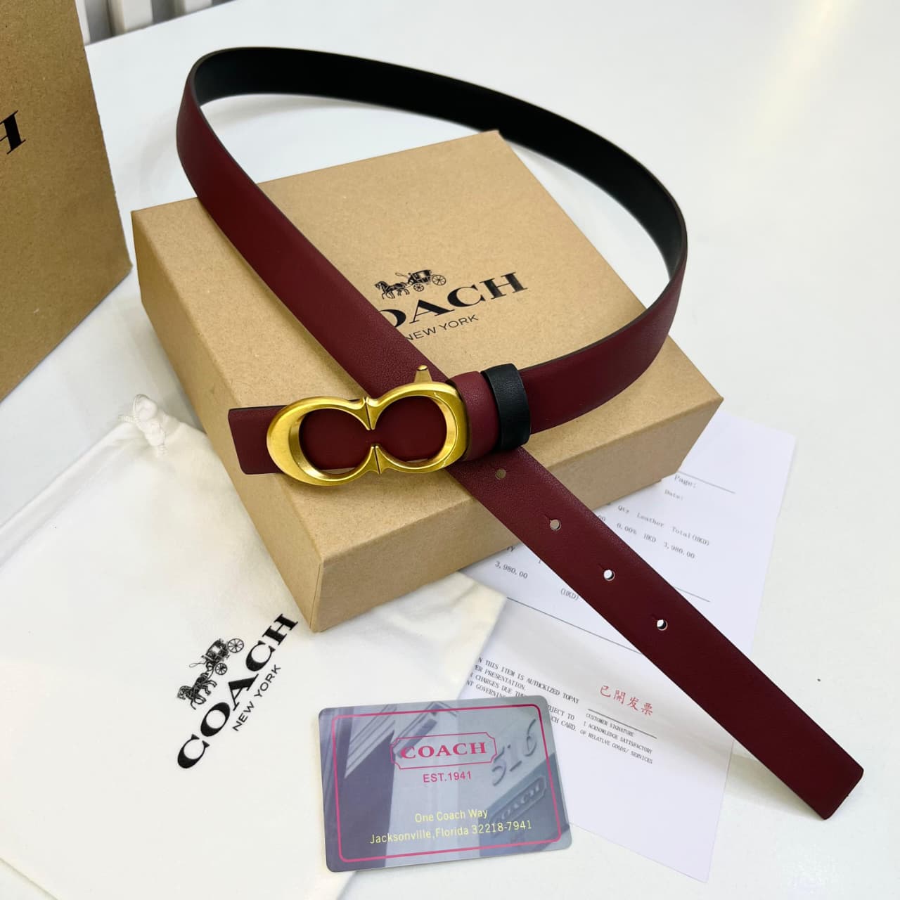 Coach Signature Gold Buckle Maroon Leather Women's Belt