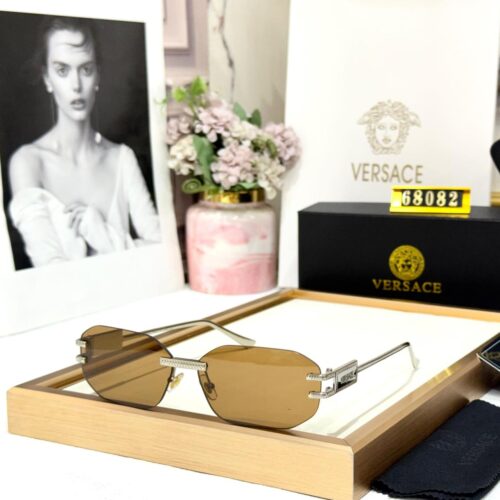 Versace Rectangular Brown Silver Unisex Sunglass