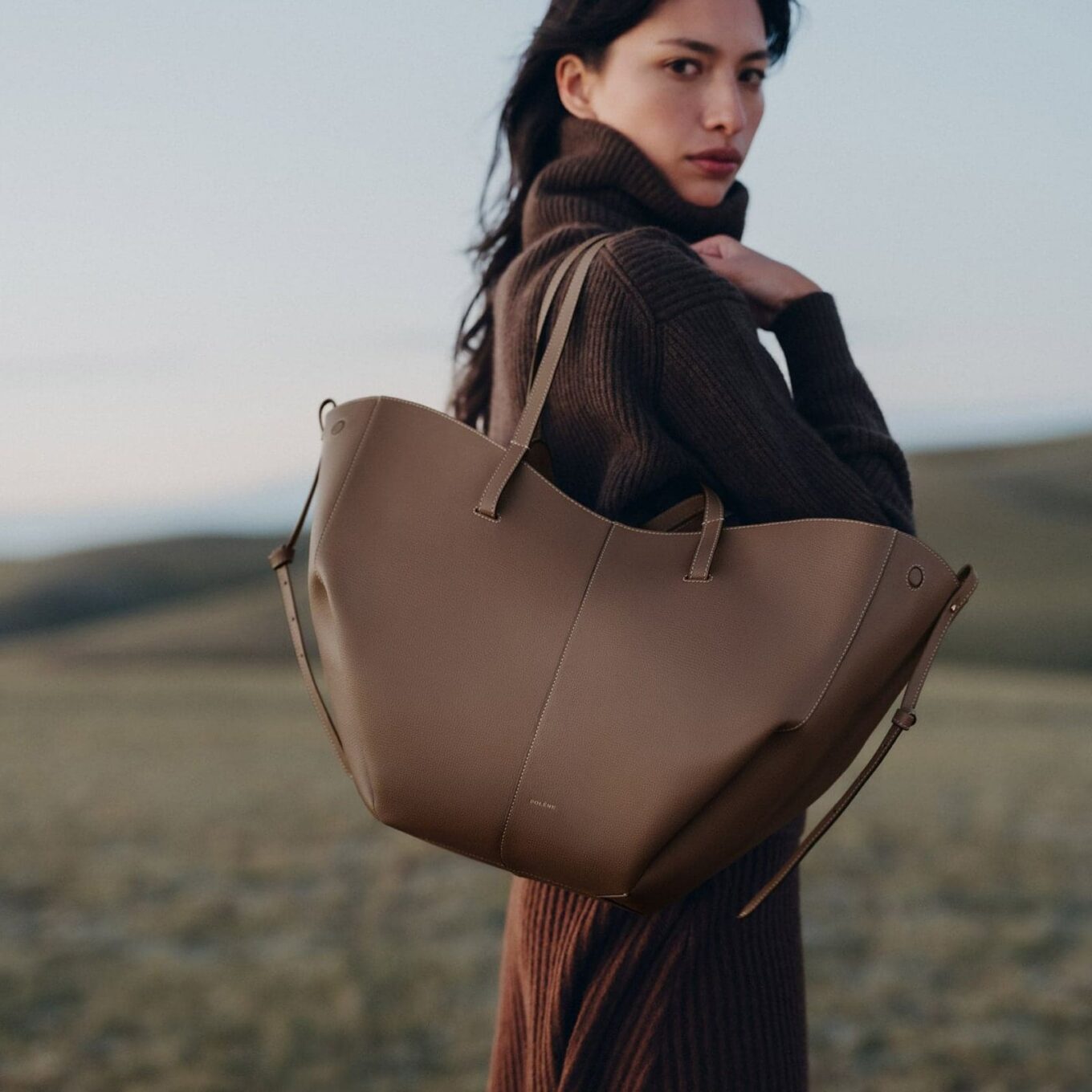 Polene Cyme Textured Khaki Handbag