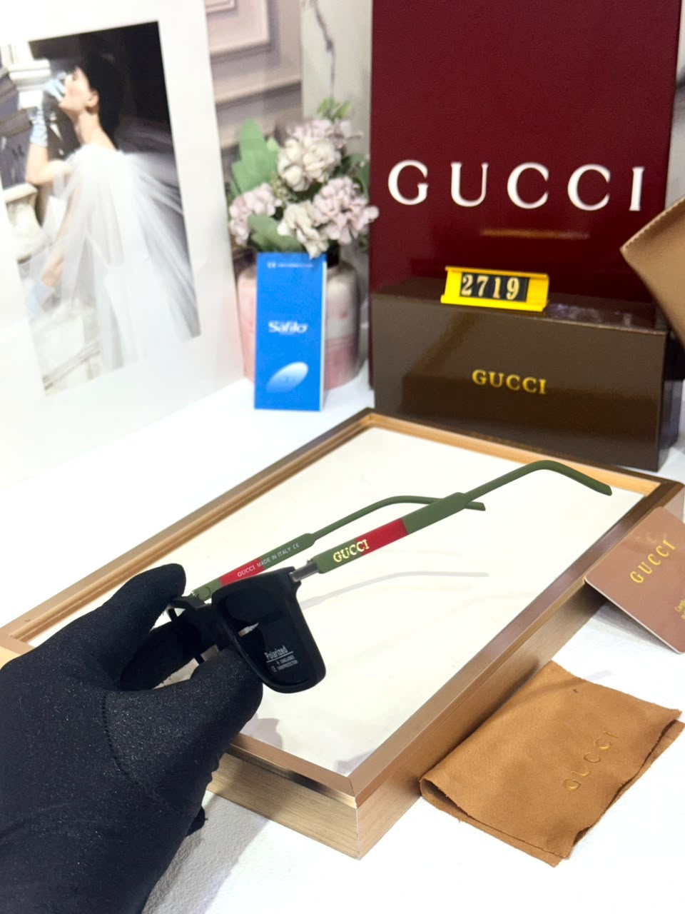 Gucci Polarized Square Black Frame with Signature Green & Red Sunglasses