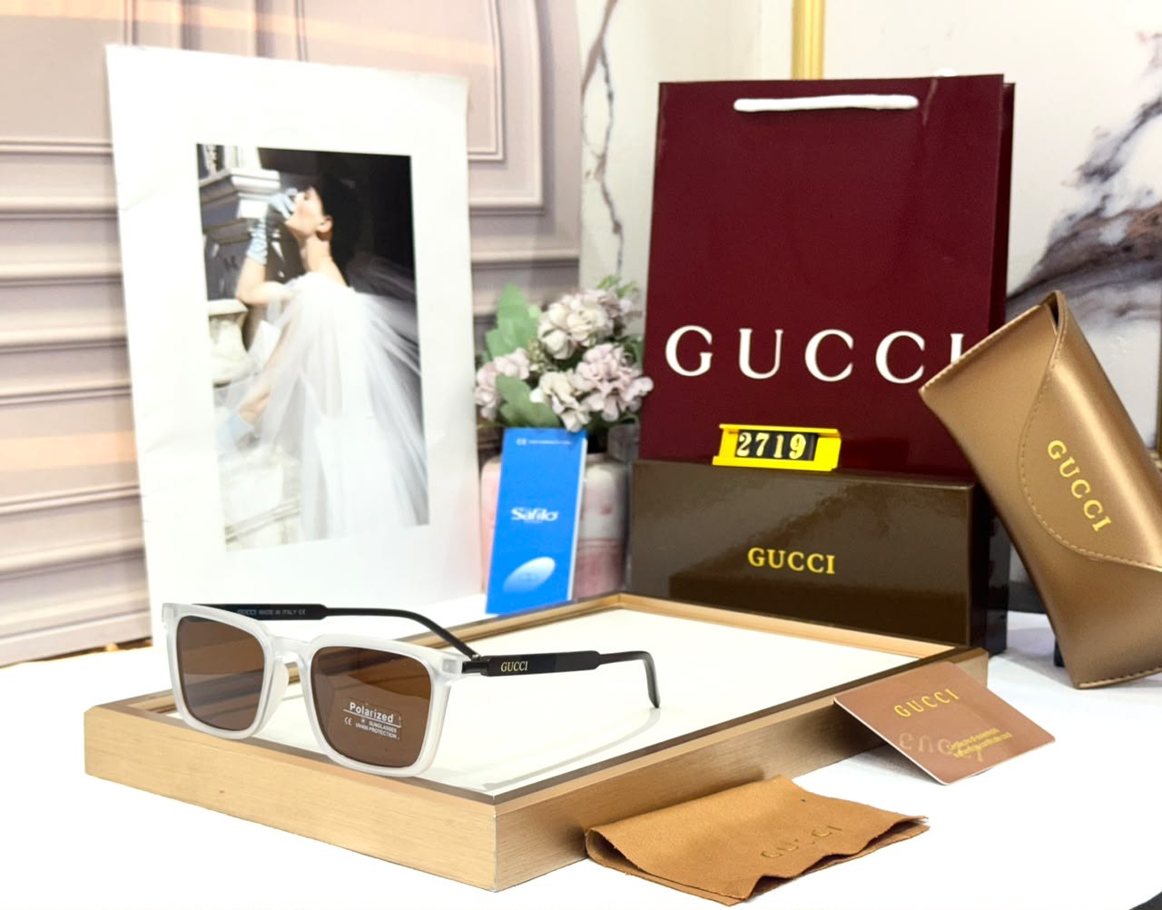 Gucci Polarized Square Crystal Clear Frame & Brown Sunglasses