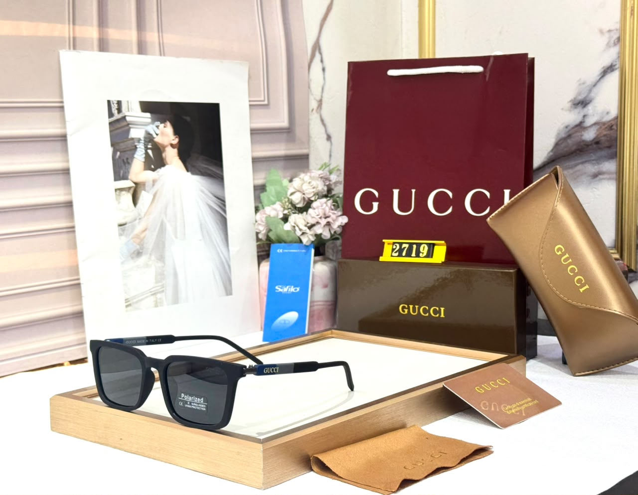 Gucci Polarized Square Matte Black Frame & Black Sunglasses