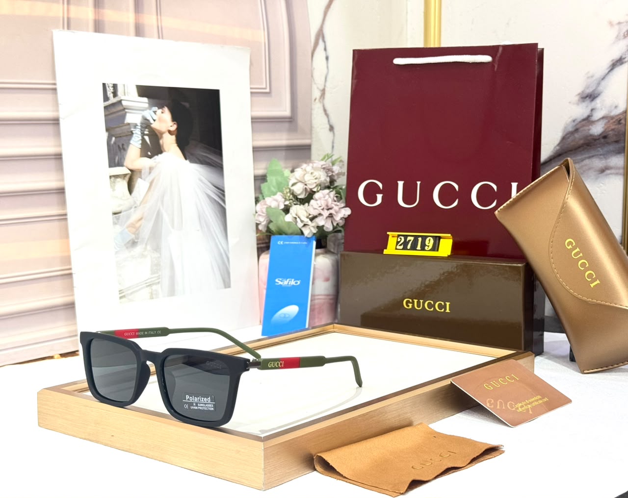 Gucci Polarized Square Black Frame with Signature Green & Red Sunglasses