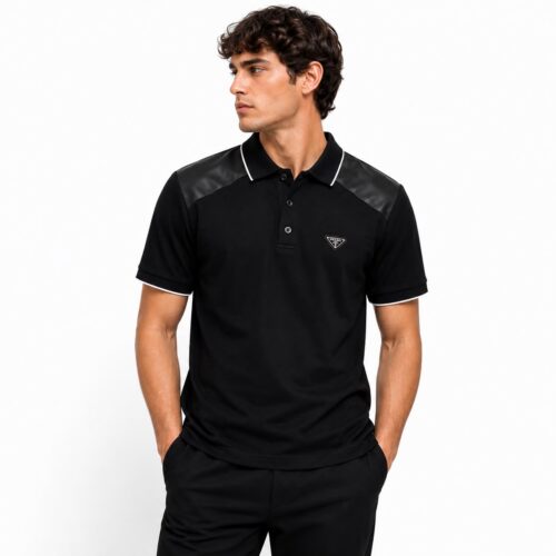 Prada Leather Shoulder Black Polo TShirt