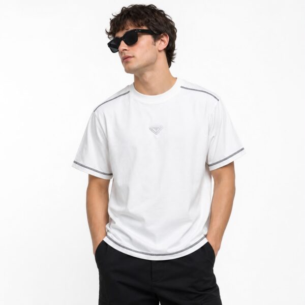 Prada Triangle Logo Contrast Stitch TShirt - White