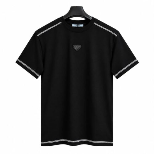 Prada Triangle Logo Contrast Stitch TShirt - Black