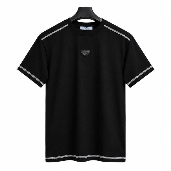 Prada Triangle Logo Contrast Stitch TShirt - Black