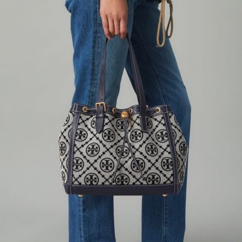 Tory Burch T Monogram Blue Jacquard Small Tote (With Box)