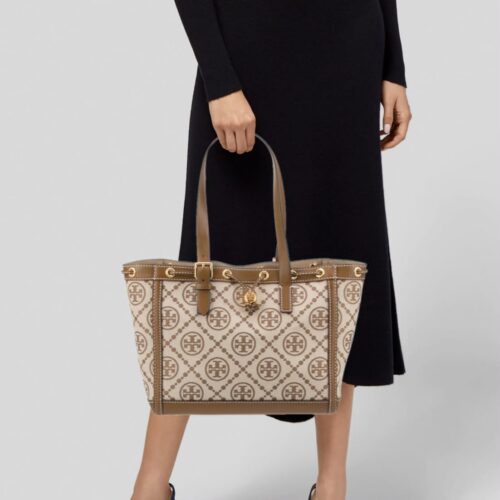Tory Burch T Monogram Brown Jacquard Small Tote (With Box)