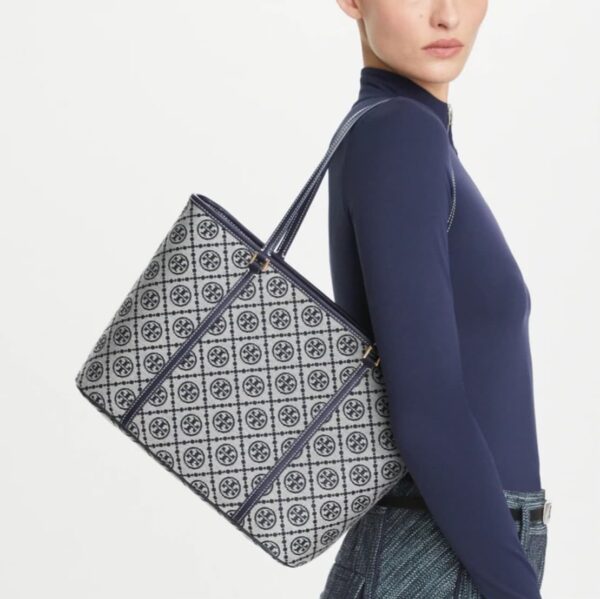 Tory Burch T Monogram Blue Small Zip Tote (With Box)